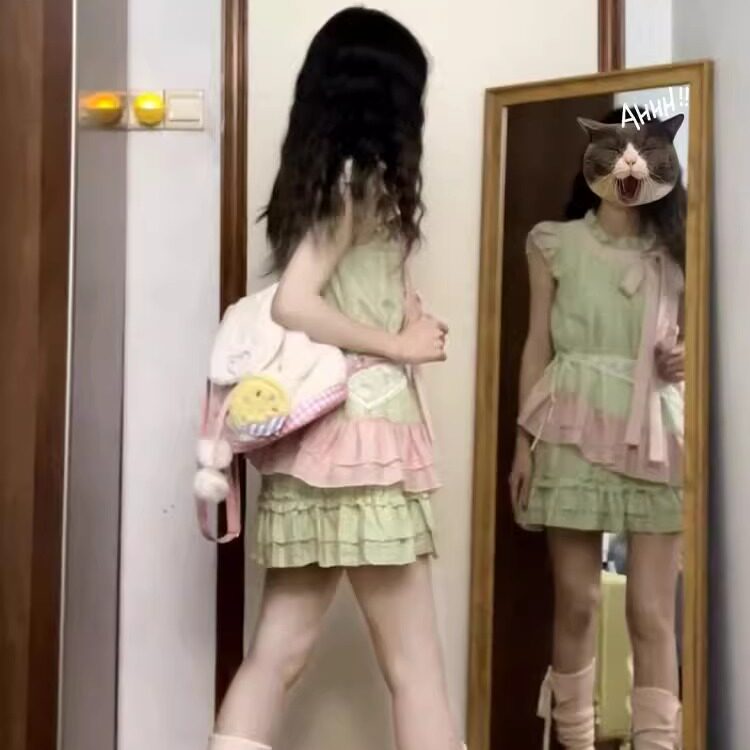 韩系chic可爱学生套装女夏新款不规则小飞袖上衣蛋糕半身裙两件套
