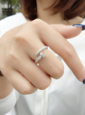 时尚轻奢经典钉子满钻开口戒指女韩国网红百搭ins镀白金食指戒潮
