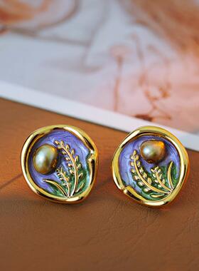 新中式复古彩色创意油画麦穗耳环珐琅滴油铜镀18k金饰品 A10214