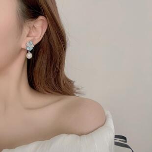 文艺风花卉珍珠耳钉浅蓝色珠光滴油耳饰小众气质耳环夏季高级感