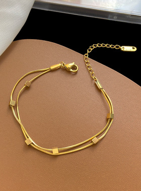 2024春季新款钛钢法式简约方块双层手链Ins蛇骨链不掉色