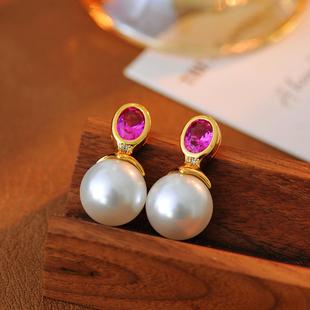 法国复古优雅红宝石珍珠耳钉银针小众新年耳环高级感轻奢时尚耳饰