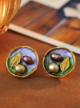 银针油画淡水珍珠树叶耳环复古时尚耳钉轻奢高级感耳饰女 A10237