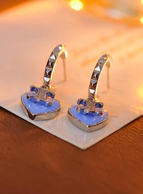C圈吊坠滴釉耳环蓝色爱心耳钉s925银针女士高级感配饰