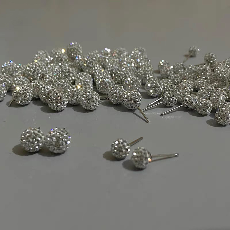 法式复古水钻小星球耳环女S925纯银闪钻气质个性香巴拉耳钉冷淡风