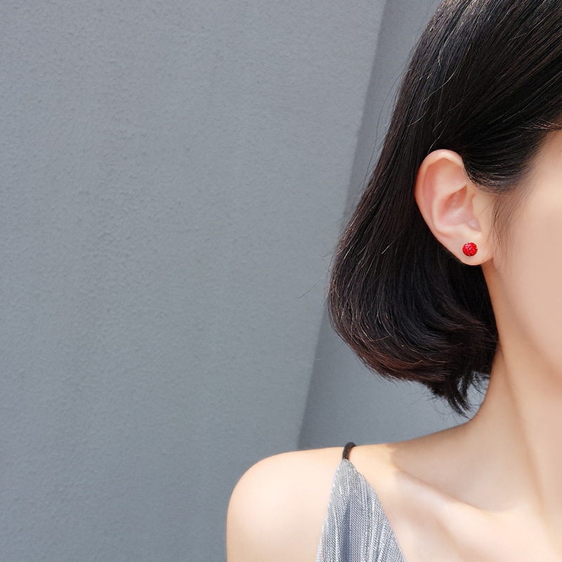 红色可爱树莓圆珠造型香巴拉水钻球球S925银耳钉搭日韩女