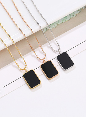 韩国黑色方牌吊坠钛钢项链女ins冷淡风锁骨颈链简约几何项链网红