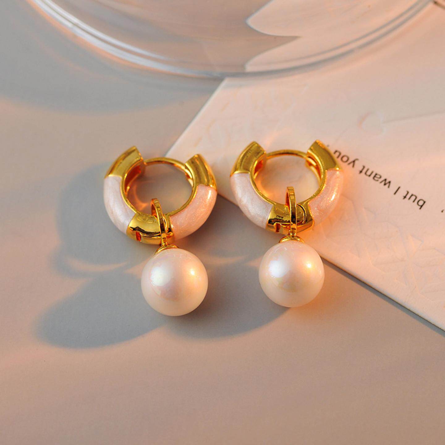 欧美新款网红同款时尚耳环女黄铜电镀18K真金纯色珐琅釉珠珠耳坠