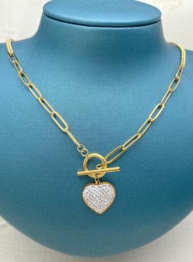 简约微镶钻OT扣爱心吊坠项链女轻奢小众设计感高级毛衣链秋冬饰品