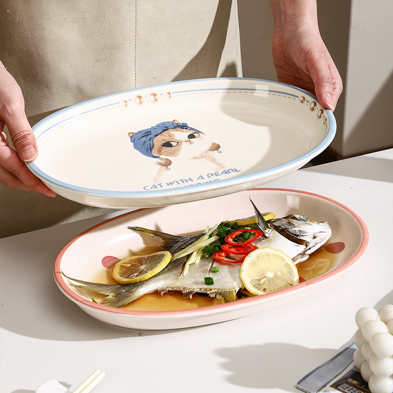 陶瓷鱼盘家用蒸鱼专用盘子高级感餐具大号鱼碟子菜盘椭圆形盘子,餐饮具,盘,淘宝优惠券,粉丝福利购,淘宝优惠卷