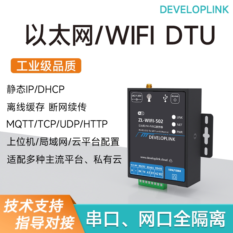 ZL502WIFI/以太网网口边缘网关DTU Modbus转JSON232485双串口服务