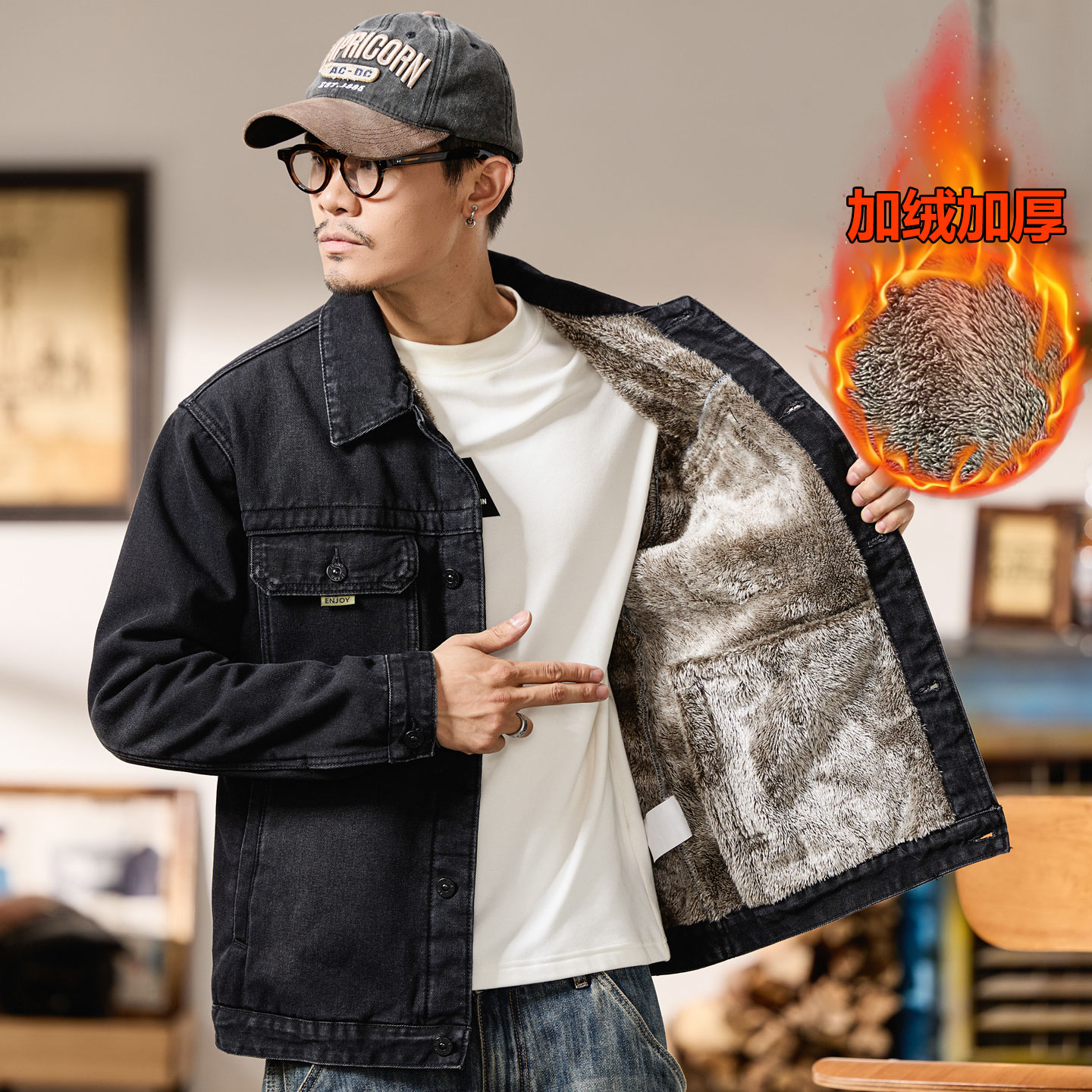 男士加绒牛仔外套宽松大码棉服潮