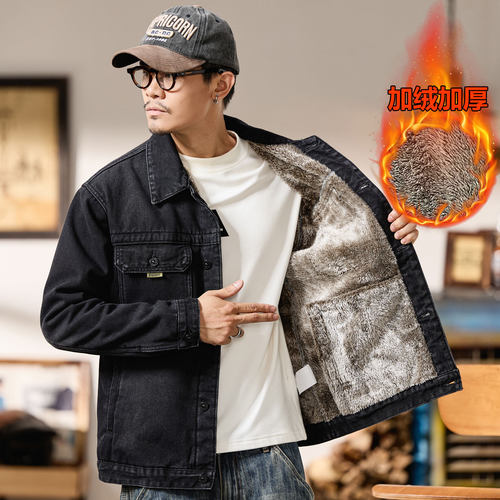 男士加绒牛仔外套宽松大码棉服潮