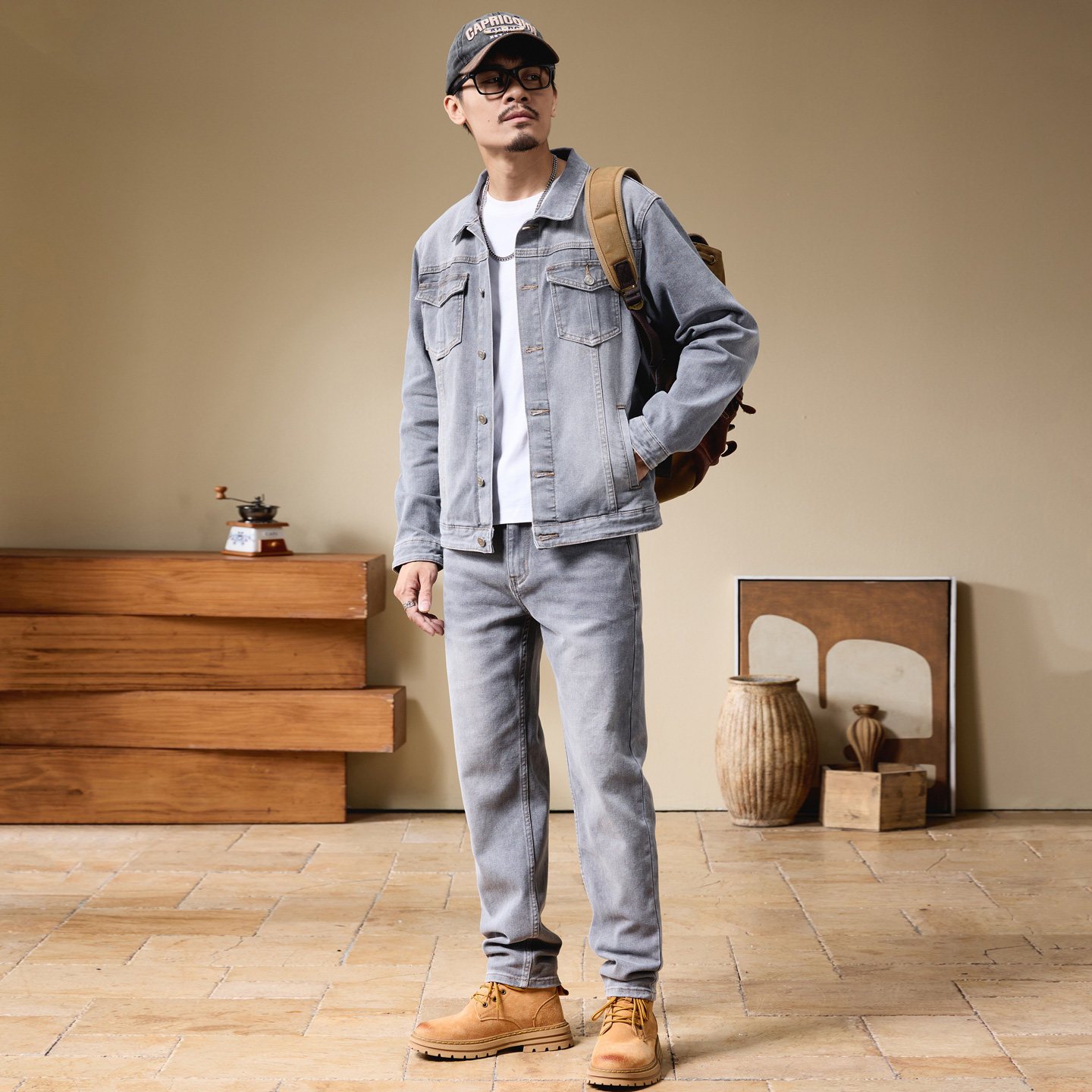 秋季新款弹力修身牛仔外套男秋冬款短款夹克帅气潮流直筒长裤套装