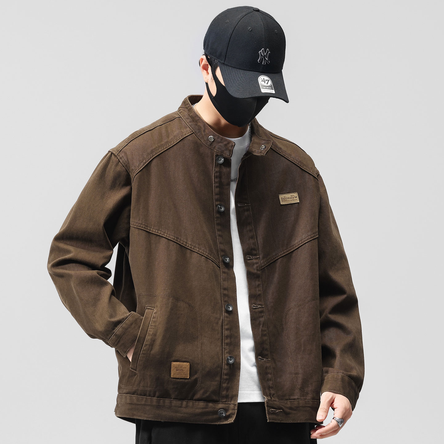 春秋季复古咖啡色牛仔外套男圆领