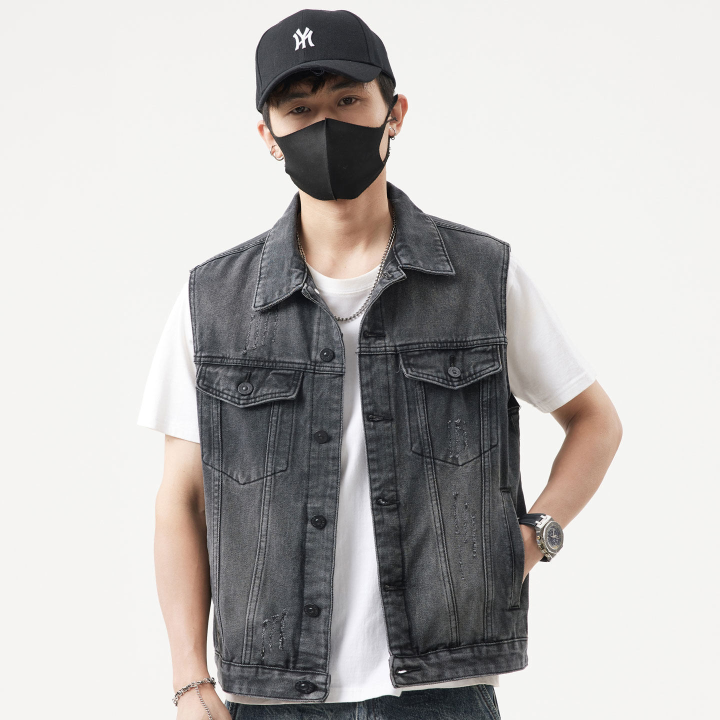 美式复古水洗牛仔马甲男修身无袖马夹春秋季新款工装烟灰色背心潮,男装,常规马甲,淘宝优惠券,粉丝福利购,淘宝优惠卷