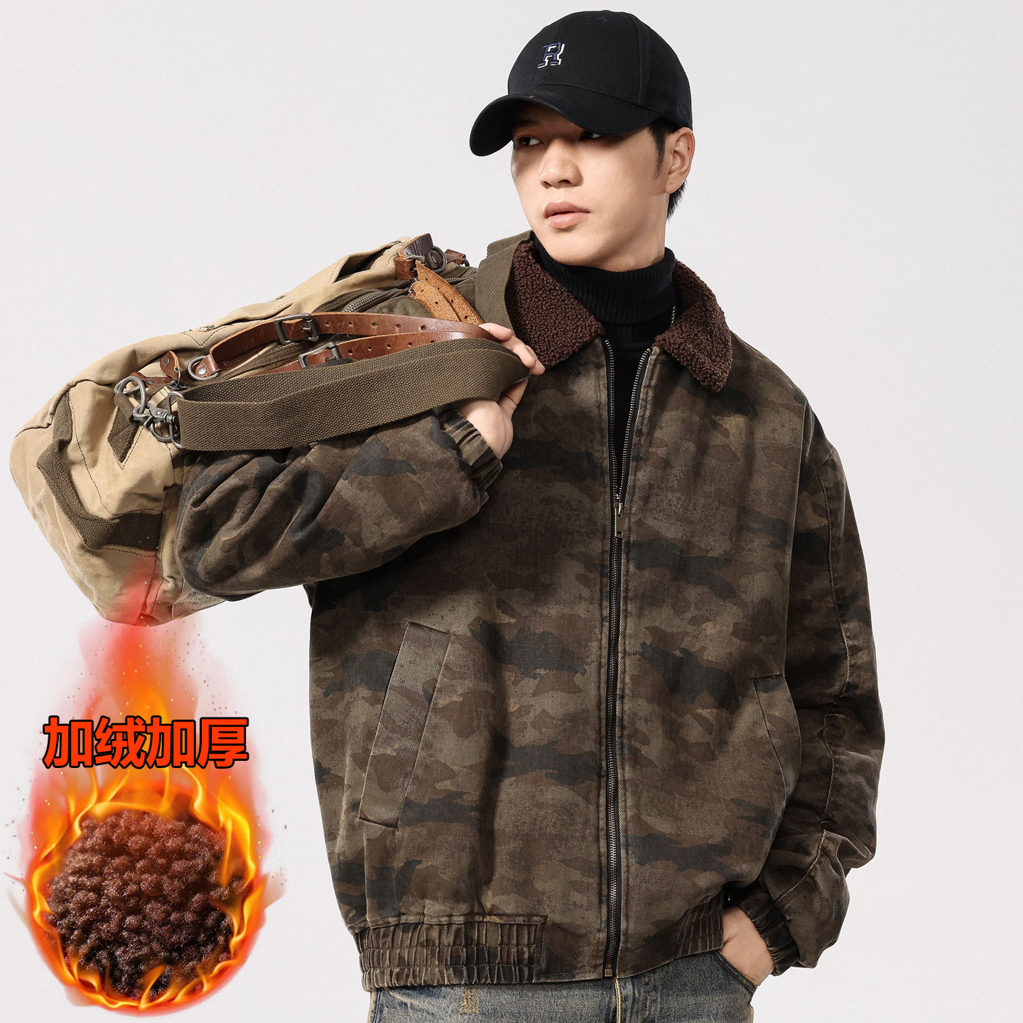 冬季男士羊羔绒迷彩牛仔外套潮牌