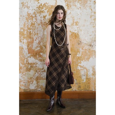 Miorastudio复古格纹流苏连衣裙