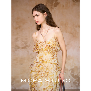 Miorastudio法式 复古干枯姜黄色豹纹长裙荷叶边度假吊带连衣裙女