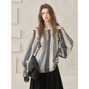 上衣 设计感一字肩喇叭袖 miorastudio法式 复古黑白波点印花衬衫