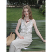 miorastudio法式 女夏 马甲套装 亚麻V领刺绣蕾丝上衣 老钱工字西装