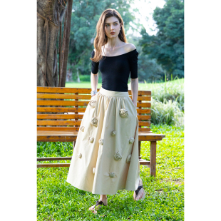 女t恤夏修身 miorastudio法式 复古黑色针织气质露肩上衣简约半袖