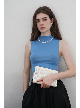 miorastudio法式修身羊毛针织衫蓝色外穿背心气质一体无袖上衣夏