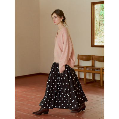 Miorastudio法式复古黑白波点半身裙 气质优雅宽松大摆半身长裙