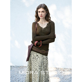 打底衫 miorastudio法式 蕾丝花边拼接上衣内搭冬苔绿V领修身 T恤女