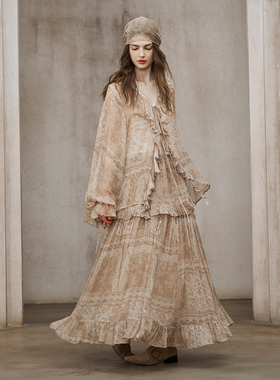 Miorastudio法式复古荷叶领绑带衬衫 优雅气质浅棕色腰果花半身裙