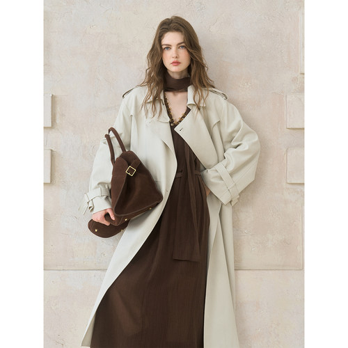 miorastudio法式复古大象灰长款风衣 小众设计感时尚百搭风衣外套