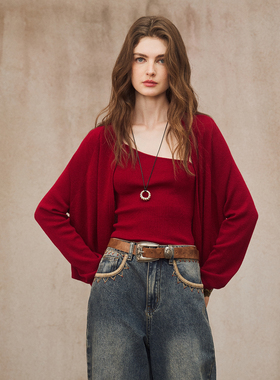 miorastudio法式复古红针织外套 优雅气质休闲显瘦修身斜肩吊带