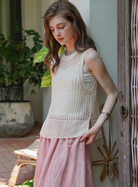 Miorastudio法式复古春夏圆领网格镂空针织衫上衣 杏色百搭无袖衫