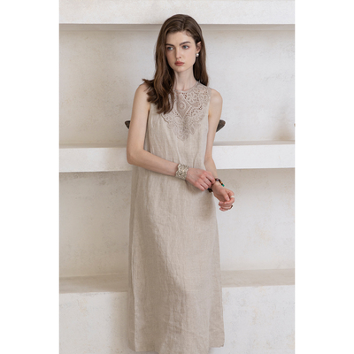 法式浅灰色亚麻v领蕾丝连衣裙