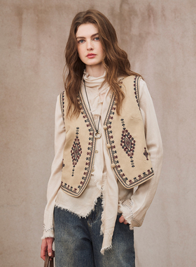 MioraStudio法式复古杏色飘带流苏衬衣 浅卡其游牧风刺绣马甲外套