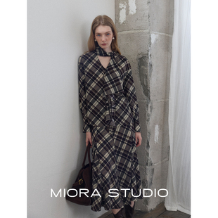 Miorastudio法式复古设计感紫色格纹飘带领衬衫中长款鱼尾半身裙
