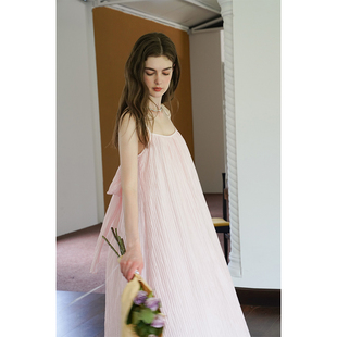 miora 粉色百褶后背绑带连衣裙小众度假慵懒风吊带长裙 studio法式