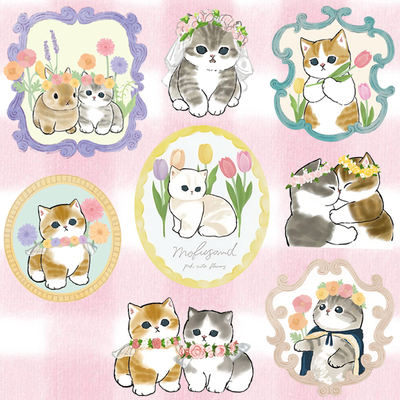 可爱鲨鱼猫咪mofusand花朵花束马卡龙色防水手账电脑行李箱贴纸