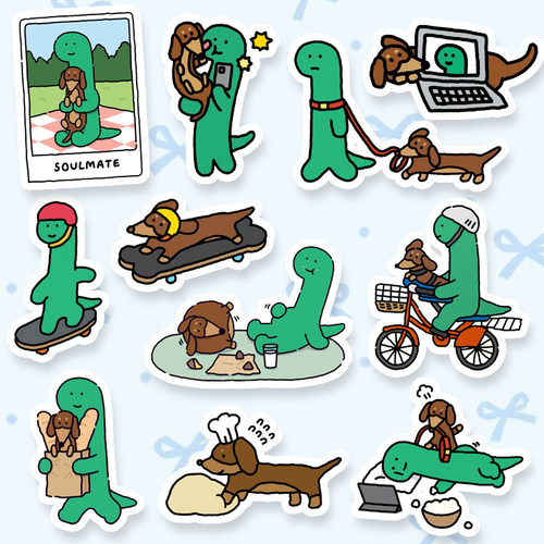 韩国可爱绿色小恐龙joguman腊肠狗小狗手帐防水手机贴纸行李箱贴