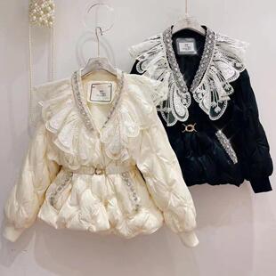 羽绒服女冬新款韩版甜美重工水钻娃娃领收腰显瘦保暖白鸭绒外套潮