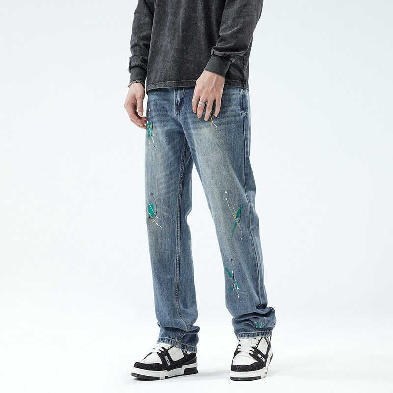 春夏新款宽松直筒牛仔裤男蓝色泼墨潮牌裤子男款美式高街阔腿长裤
