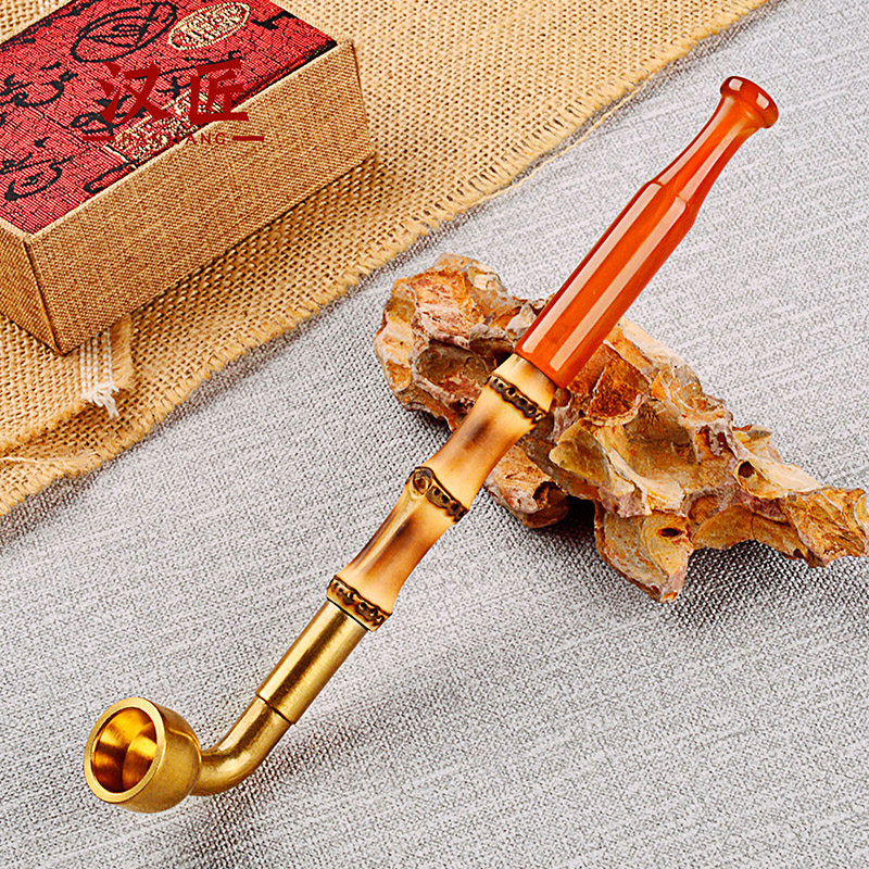 汉匠手工碳竹根烟杆老式黄铜旱烟袋锅子长玛瑙嘴男士烟斗