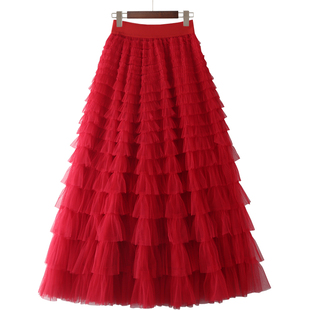 纱裙女2023年春季 网纱褶蛋糕裙A型大摆木耳边半身裙红色长裙 新款