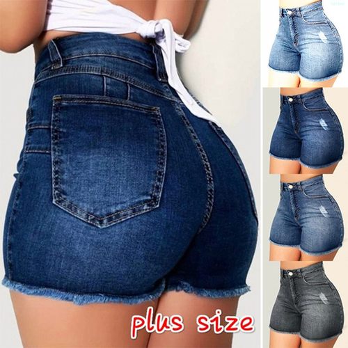 Shredded high waist stretch denim shorts破洞弹力牛仔短裤