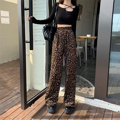 High waisted leopard print floor pants女士高腰豹纹拖地阔腿裤