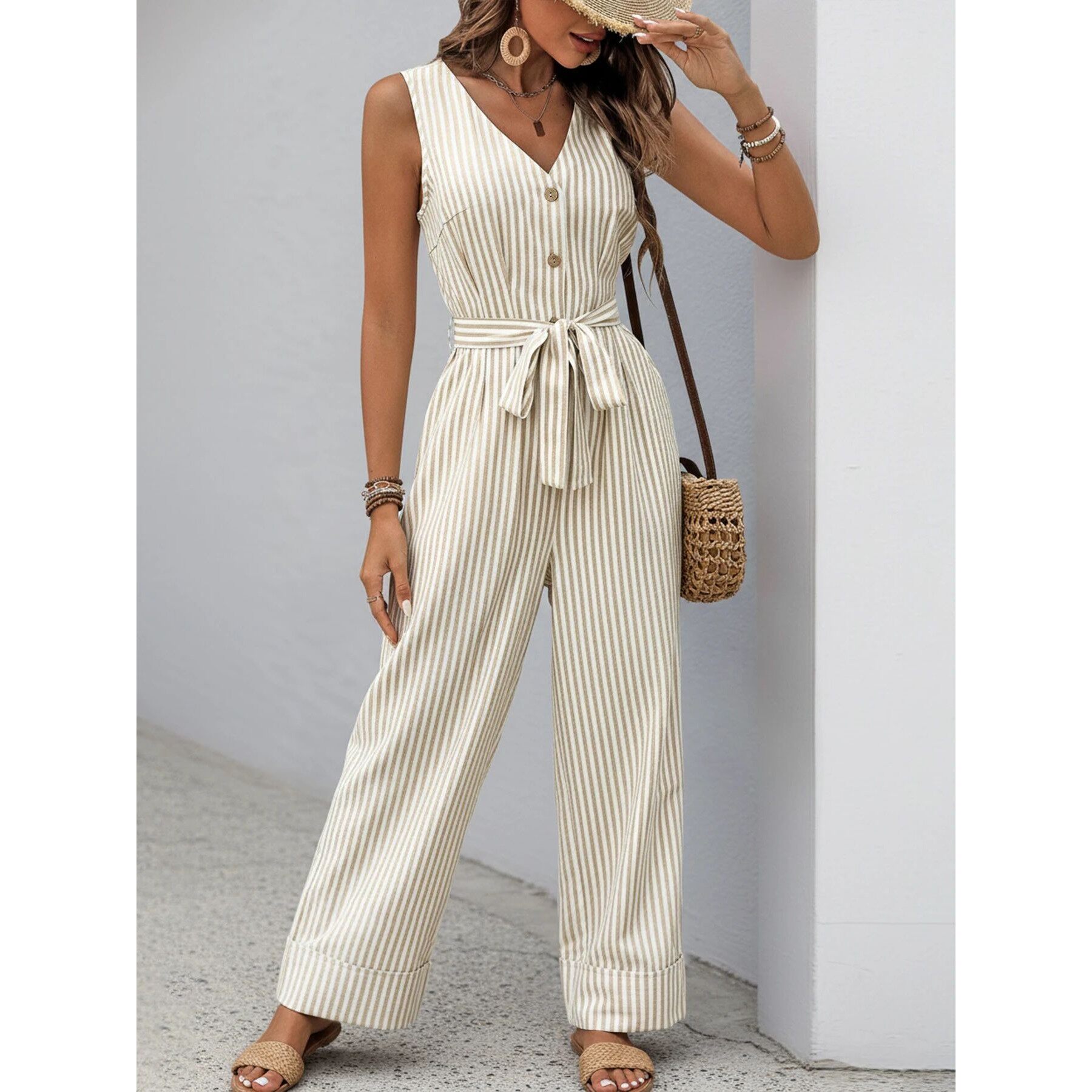 深V无袖条纹连体裤女 Deep V-sleeveless striped jumpsuit women