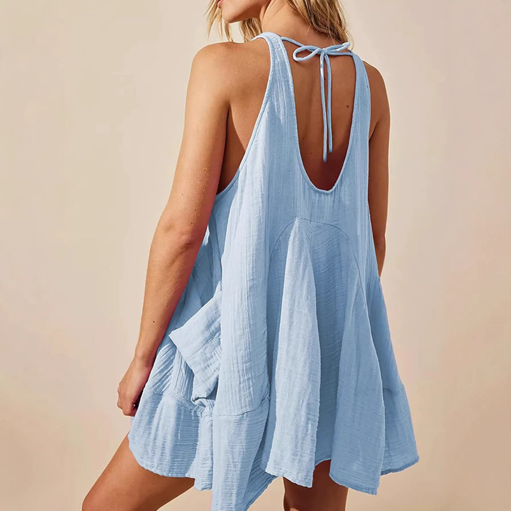 度假风纯色无袖露背绑带吊带连衣裙女Solid color camisole dress