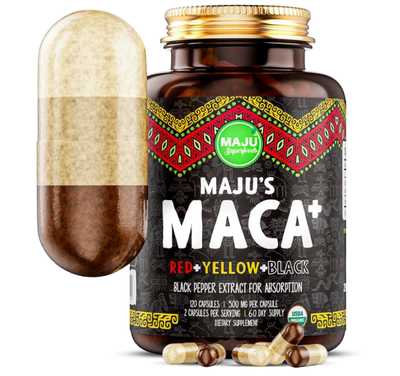 美国Maju Superfoods 4合1玛卡根胶囊 黑黄和红根含黑胡椒提取物