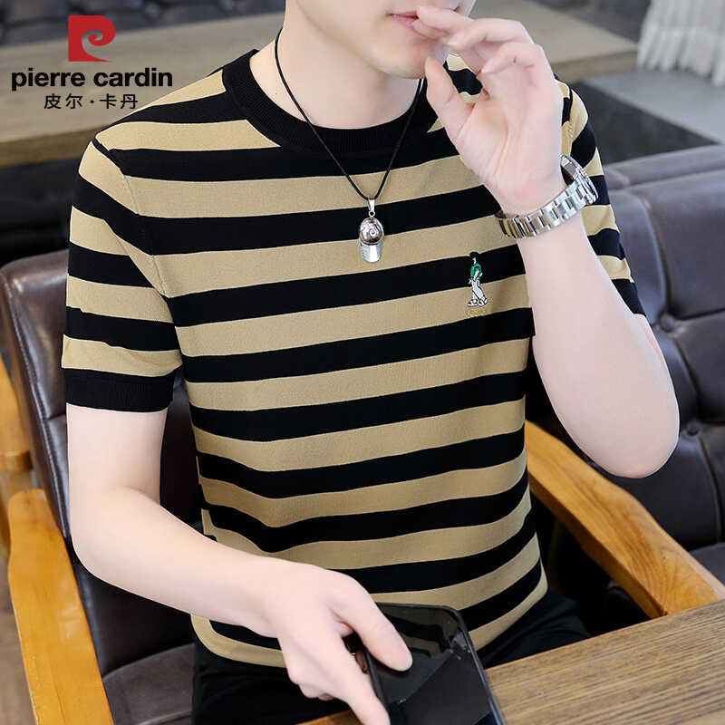 皮尔卡丹夏季男士针织条纹t恤衫
