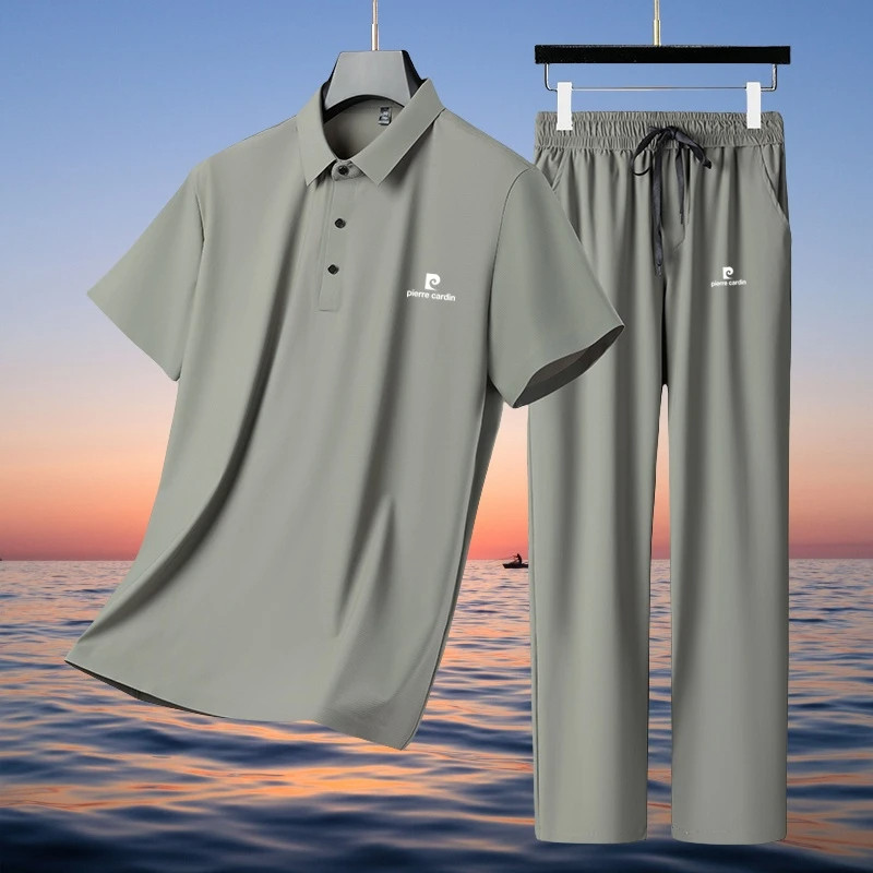 皮尔卡丹夏季新款轻奢男士桑蚕丝短袖套装时尚休闲冰丝速干t恤男